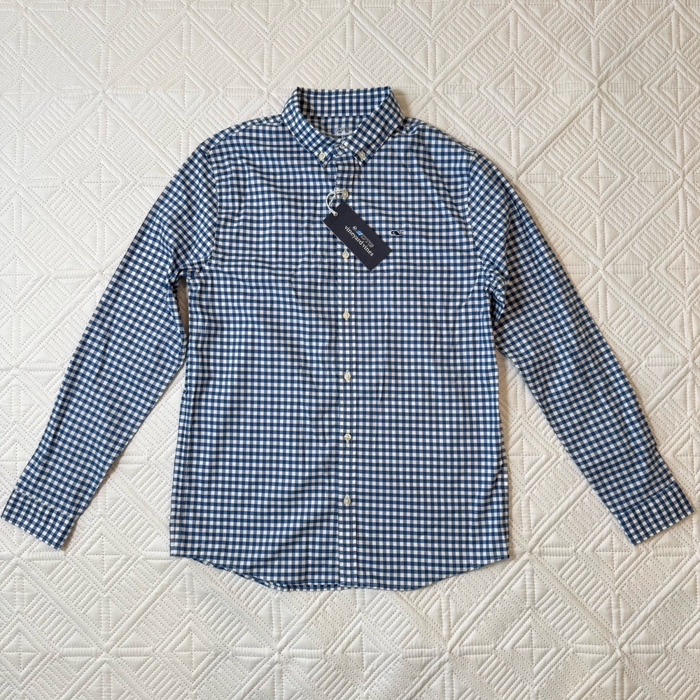 Vineyard Vines On-The Go Performance Classic Fit Shirt Size XL(18) Blue Gingham